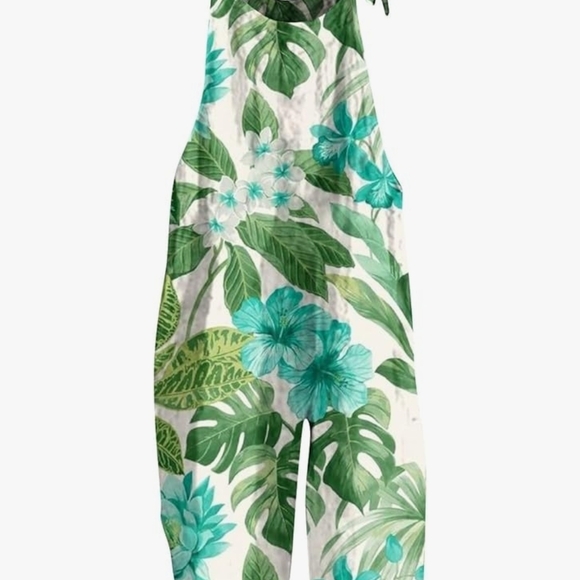 Tropical Floral Sleeveless Jumpsuit Overalls L/XL - Picture 6 of 6